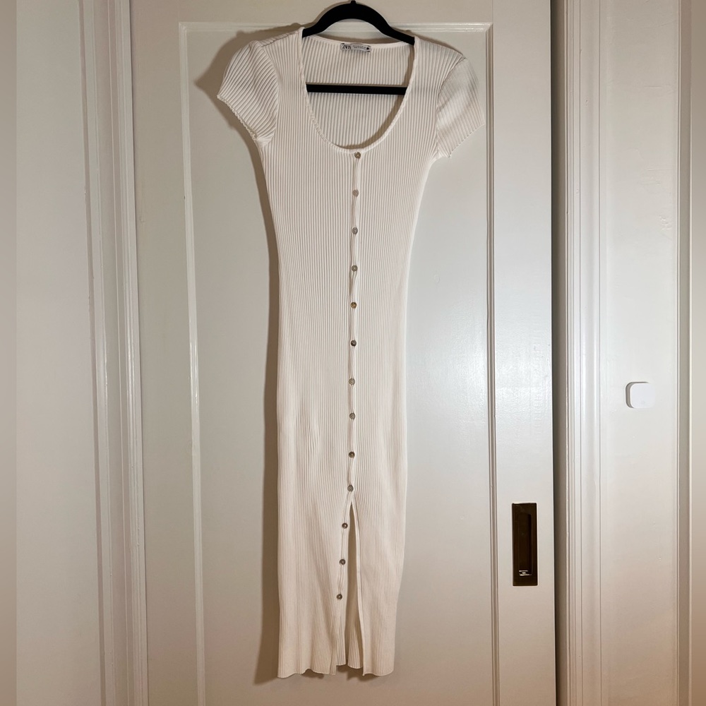Zara white fitted rib midi dress S